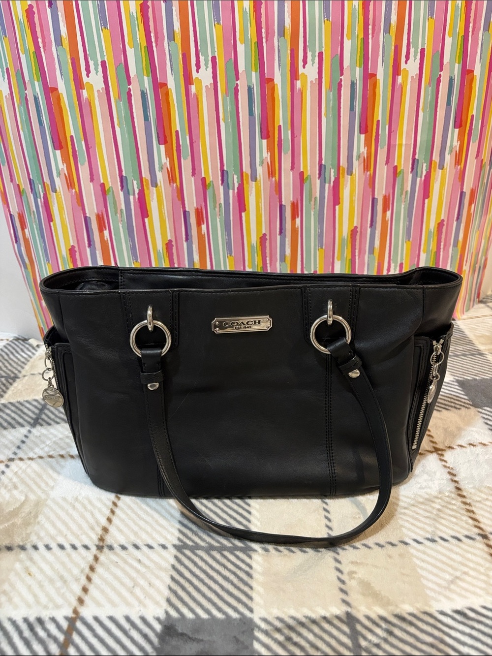 Coach Black Soft Leather Shoulder Tote with Silver Hardware